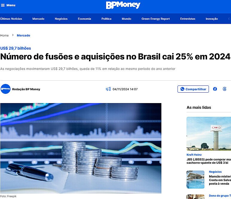 Nmero de fuses e aquisies no Brasil cai 25% em 2024